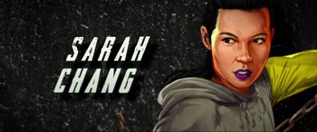 A person's face in front of a wall with the name " sarah lang "