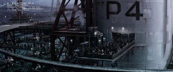 Movie still from “After Earth” (2013), directed by M. Night Shyamalan – A group of people standing on top of a building; Extreme Wide shot, High angle