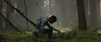 Movie still from “After Earth” (2013), directed by M. Night Shyamalan – A man kneeling down in the woods looking down at the ground; Wide shot, Low angle