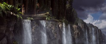 A painting of a waterfall in the middle of a forest