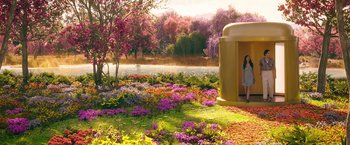 Movie still from “Afterlife of the Party” (2021), directed by Stephen Herek – A woman standing in a flower garden; Extreme Wide shot, High angle