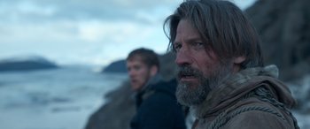 Movie still from “Against the Ice” (2022), directed by Peter Flinth – Close Up shot, Over the shoulder angle