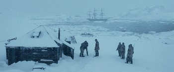 Movie still from “Against the Ice” (2022), directed by Peter Flinth – Extreme Wide shot, High angle