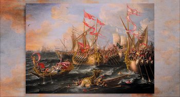 Movie still from “Aircraft Carrier: Guardian of the Seas” (2016), directed by Stephen Low – An oil painting of a battle between ships and a dragon; Extreme Wide shot, Overhead angle