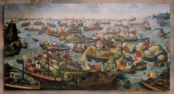 Movie still from “Aircraft Carrier: Guardian of the Seas” (2016), directed by Stephen Low – A painting of a naval battle in the 1 8 th century; Extreme Wide shot, High angle