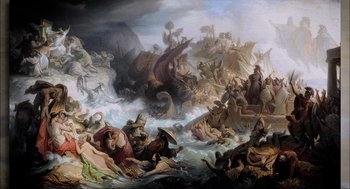 Movie still from “Aircraft Carrier: Guardian of the Seas” (2016), directed by Stephen Low – An oil painting of a battle scene with a ship in the background; Extreme Wide shot, High angle