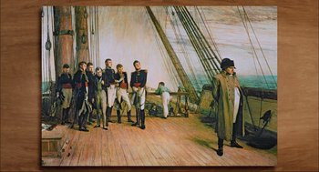 Movie still from “Aircraft Carrier: Guardian of the Seas” (2016), directed by Stephen Low – A group of men standing on top of a wooden deck; Wide shot, Over the shoulder angle