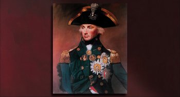 Movie still from “Aircraft Carrier: Guardian of the Seas” (2016), directed by Stephen Low – A painting of a man in a military uniform; Close Up shot, Low angle