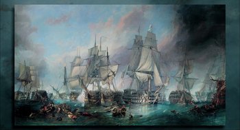 Movie still from “Aircraft Carrier: Guardian of the Seas” (2016), directed by Stephen Low – An oil painting of a painting of a naval battle; Extreme Wide shot, High angle