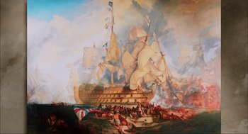 Movie still from “Aircraft Carrier: Guardian of the Seas” (2016), directed by Stephen Low – An oil painting of a ship in the middle of the ocean; Extreme Wide shot, High angle