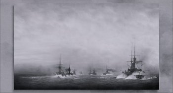 Movie still from “Aircraft Carrier: Guardian of the Seas” (2016), directed by Stephen Low – Many ships in the ocean in the fog; Extreme Wide shot, High angle