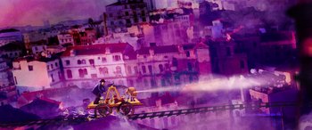 Movie still from “Alex Strangelove” (2018), directed by Craig Johnson – A painting of a man riding a train on top of a train track; Extreme Wide shot, Low angle