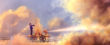 Movie still from “Alex Strangelove” (2018), directed by Craig Johnson – A person on a fire truck spraying water on a street; Extreme Wide shot, Low angle