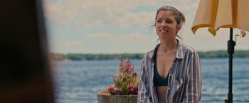 Movie still from “Alice, Darling” (2022), directed by Mary Nighy – A beautiful young woman standing next to a body of water; Medium shot, Over the shoulder angle