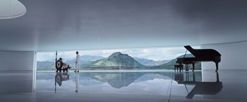 Movie still from “Alien: Covenant” (2017), directed by Ridley Scott – A man standing in front of a large window; Extreme Wide shot, Low angle