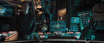 Movie still from “Alien: Covenant” (2017), directed by Ridley Scott – A computer monitor and keyboard in a room; Wide shot, Over the shoulder angle