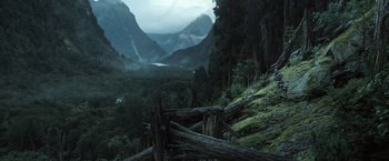 Movie still from “Alien: Covenant” (2017), directed by Ridley Scott – A view of a valley with a mountain in the background; Extreme Wide shot, High angle