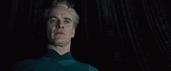Movie still from “Alien: Covenant” (2017), directed by Ridley Scott – A person with blond hair; Close Up shot, Low angle