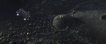 Movie still from “Alien: Covenant” (2017), directed by Ridley Scott – An aerial view of a city with a large dome; Extreme Wide shot, High angle