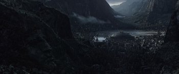 Movie still from “Alien: Covenant” (2017), directed by Ridley Scott – A car is parked on the side of a mountain; Extreme Wide shot, High angle