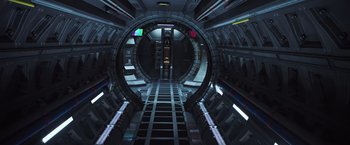 Movie still from “Alien: Covenant” (2017), directed by Ridley Scott – An image of an inside view of a space ship; Wide shot, High angle
