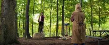 Movie still from “All the Bright Places” (2020), directed by Brett Haley – A man standing on top of a rock in the middle of a forest; Extreme Wide shot, Over the shoulder angle