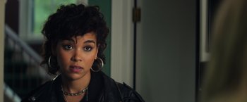 Movie still from “All the Bright Places” (2020), directed by Brett Haley – A person wearing a leather jacket; Close Up shot, Over the shoulder angle