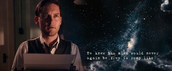 Movie still from “The Great Gatsby” (2013), directed by Baz Luhrmann – A man standing in front of a star filled night sky; Close Up shot, Over the shoulder angle