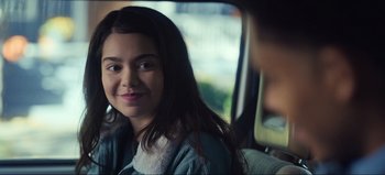 Movie still from “All Together Now” (2020), directed by Brett Haley – A woman sitting in the back seat of a car; Close Up shot, Over the shoulder angle