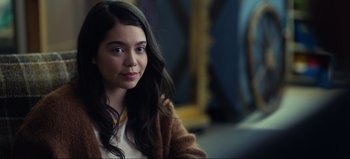 Movie still from “All Together Now” (2020), directed by Brett Haley – A woman with long black hair sitting in front of a mirror; Close Up shot, Over the shoulder angle