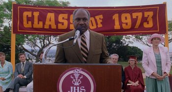 Movie still from “Almost Famous” (2000), directed by Cameron Crowe – A man in a brown suit is giving a speech; Medium shot, Low angle