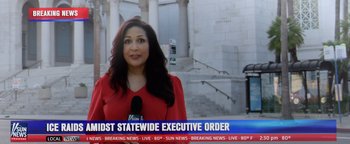 Movie still from “American Carnage” (2022), directed by Diego Hallivis – A woman in a red dress is standing in front of a building; Medium shot, Low angle