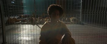 Movie still from “American Carnage” (2022), directed by Diego Hallivis – A man sitting in front of a cage of birds; Medium shot, Low angle