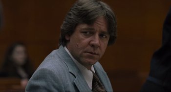 Movie still from “American Gangster” (2007), directed by Ridley Scott – A person wearing a suit and tie; Close Up shot, Low angle