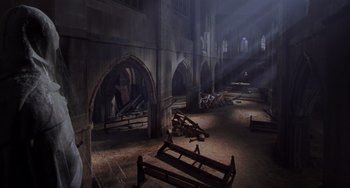 Movie still from “An American Werewolf in Paris” (1997), directed by Anthony Waller – An abandoned church with a lot of debris on the floor; Extreme Wide shot, High angle