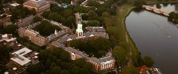 Movie still from “Angels & Demons” (2009), directed by Ron Howard – An aerial view of a large building with a clock tower; Extreme Wide shot, High angle