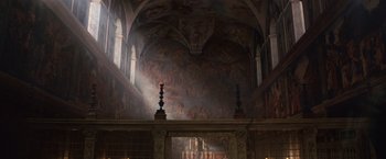 Movie still from “Angels & Demons” (2009), directed by Ron Howard – A large room with paintings on the walls and ceiling; Extreme Wide shot, Low angle