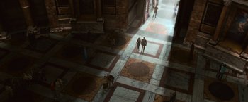 Movie still from “Angels & Demons” (2009), directed by Ron Howard – Two people walking on a tiled floor in a building; Extreme Wide shot, Overhead angle