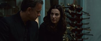 Movie still from “Angels & Demons” (2009), directed by Ron Howard – A man and a woman looking at each other; Close Up shot, Over the shoulder angle