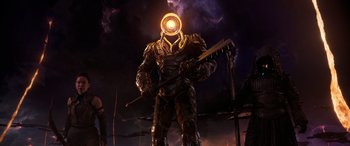 Movie still from “Ant-Man and the Wasp: Quantumania” (2023), directed by Peyton Reed – A statue of a man holding a sword in the dark; Medium shot, Low angle