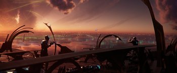 Movie still from “Ant-Man and the Wasp: Quantumania” (2023), directed by Peyton Reed – A view of a city from an airplane at night; Extreme Wide shot, High angle