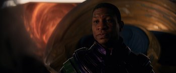 Movie still from “Ant-Man and the Wasp: Quantumania” (2023), directed by Peyton Reed – A person wearing a costume; Close Up shot, Low angle