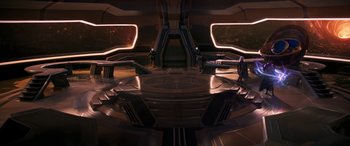 Movie still from “Ant-Man and the Wasp: Quantumania” (2023), directed by Peyton Reed – Two people are standing in a large room; Extreme Wide shot, High angle