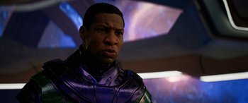 Movie still from “Ant-Man and the Wasp: Quantumania” (2023), directed by Peyton Reed – A person wearing a costume; Close Up shot, Low angle