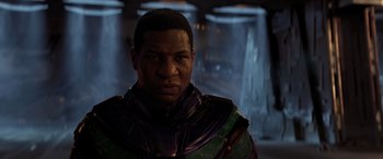 Movie still from “Ant-Man and the Wasp: Quantumania” (2023), directed by Peyton Reed – A person wearing a costume; Close Up shot, Low angle