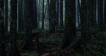 Movie still from “Antlers” (2021), directed by Scott Cooper – A man standing in the middle of a forest; Extreme Wide shot, Over the shoulder angle