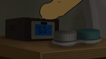 Movie still from “Aqua Teen Forever: Plantasm” (2022), directed by Dave Willis – An alarm clock sitting on top of a wooden table; Extreme Close Up shot, Low angle
