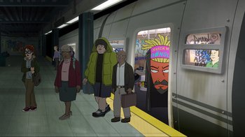 A group of people standing in front of a subway train