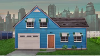 A painting of a blue house with green awnings on it