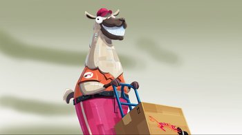An illustration of an animal holding a box and a cart